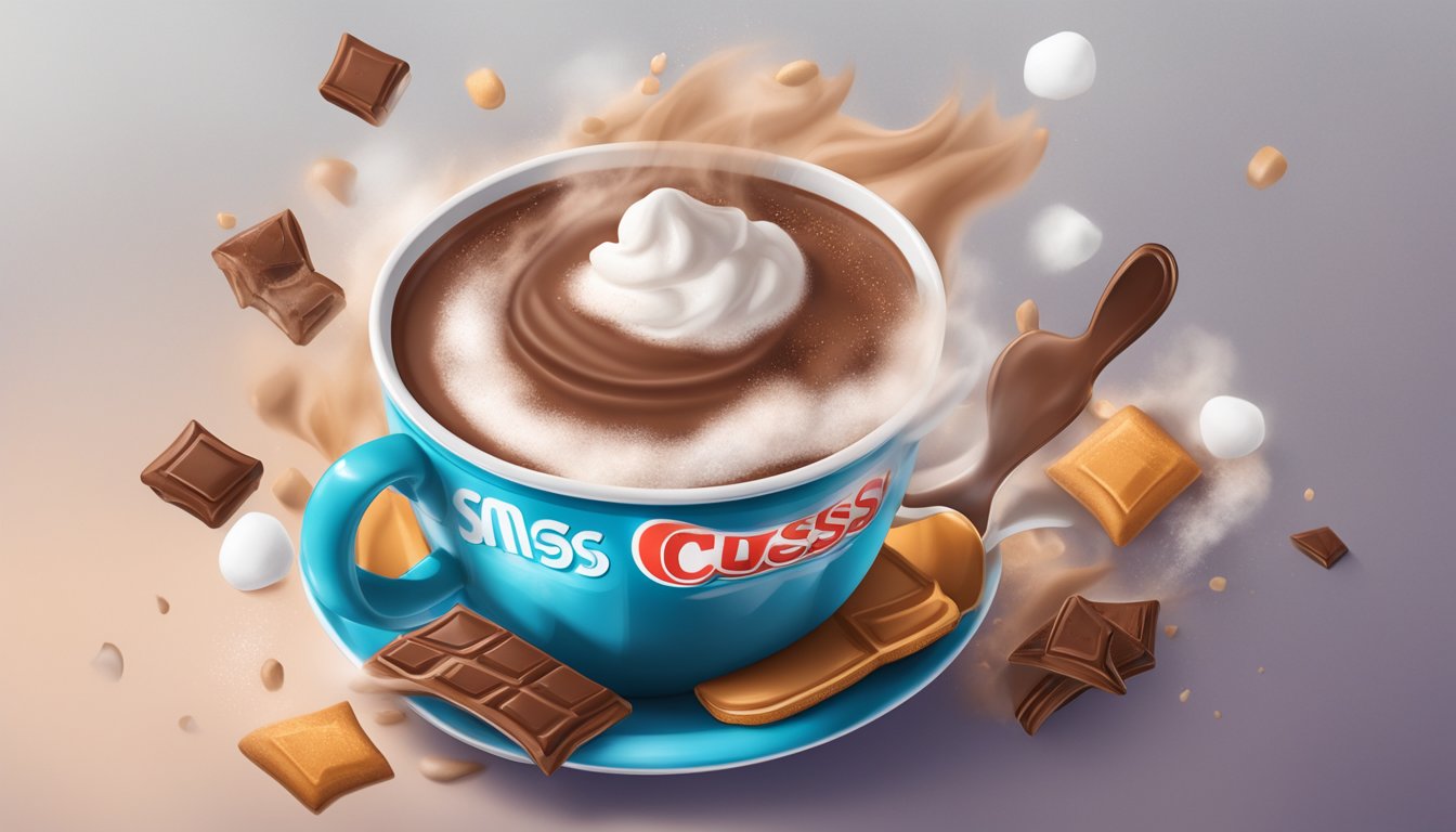 A steaming mug of hot cocoa with excessive amounts of Swiss Miss mix spilling over the rim