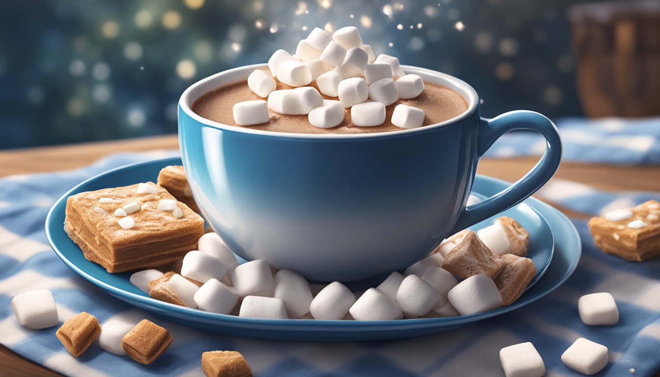 A steaming mug of Swiss Miss hot cocoa mix overflowing with marshmallows on a cozy winter table