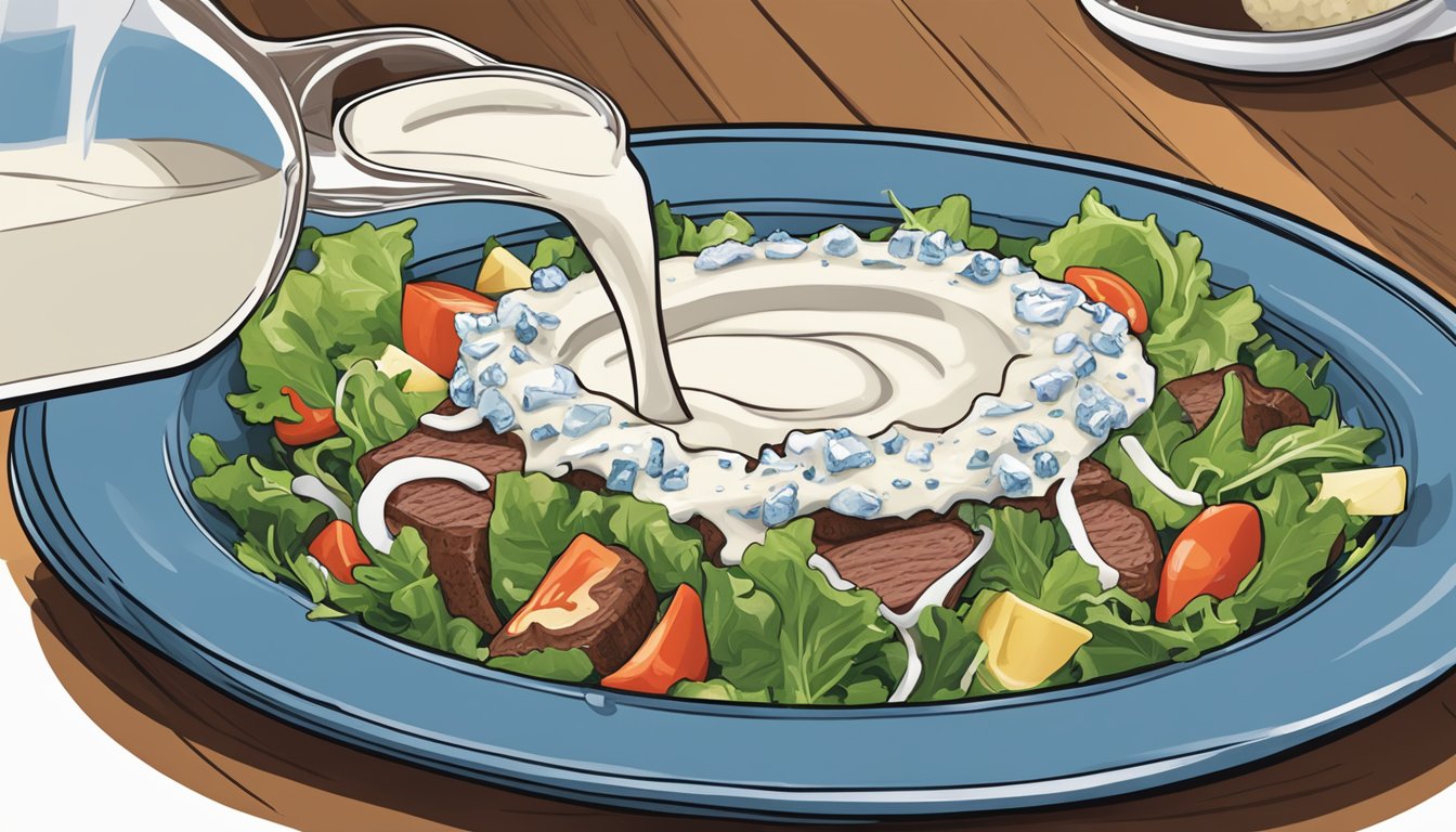 A bottle of Ken's Steak House Blue Cheese dressing pouring excessively over a salad