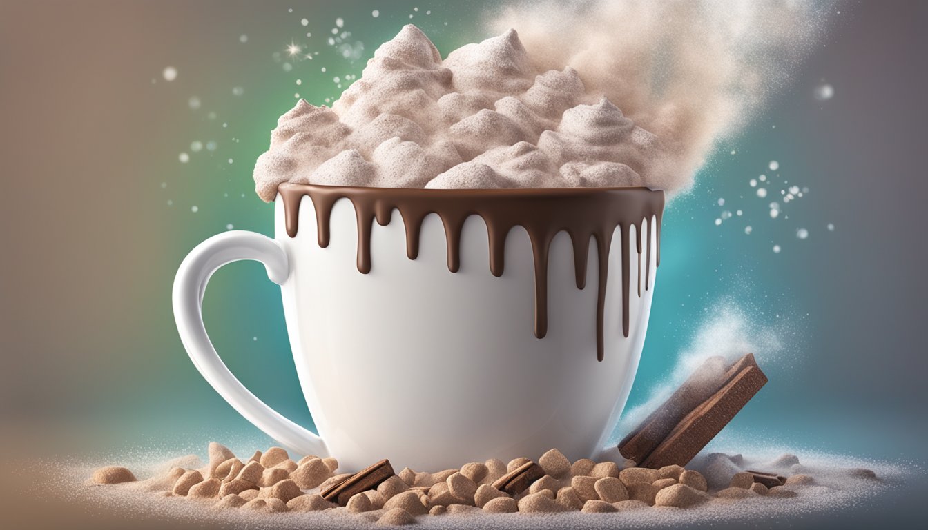 A steaming mug of Swiss Miss hot cocoa mix overflowing with excessive amounts of powder