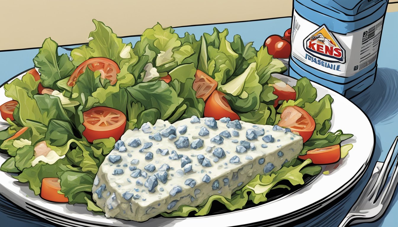 A bottle of Kens Steak House blue cheese dressing overflowing onto a plate of salad, with a caution sign next to it