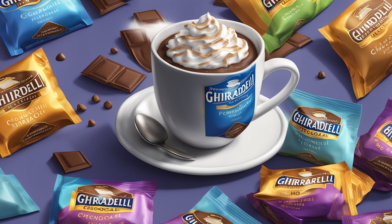 A steaming mug of Ghirardelli hot chocolate mix overflowing from a spoon, surrounded by empty packets