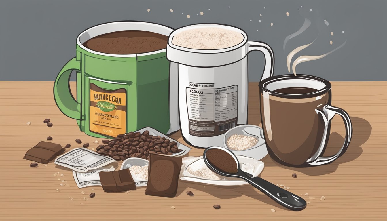 A table with various brands of hot cocoa mix packets, a measuring spoon, and a mug. Different amounts of mix are being poured into the mug for comparison