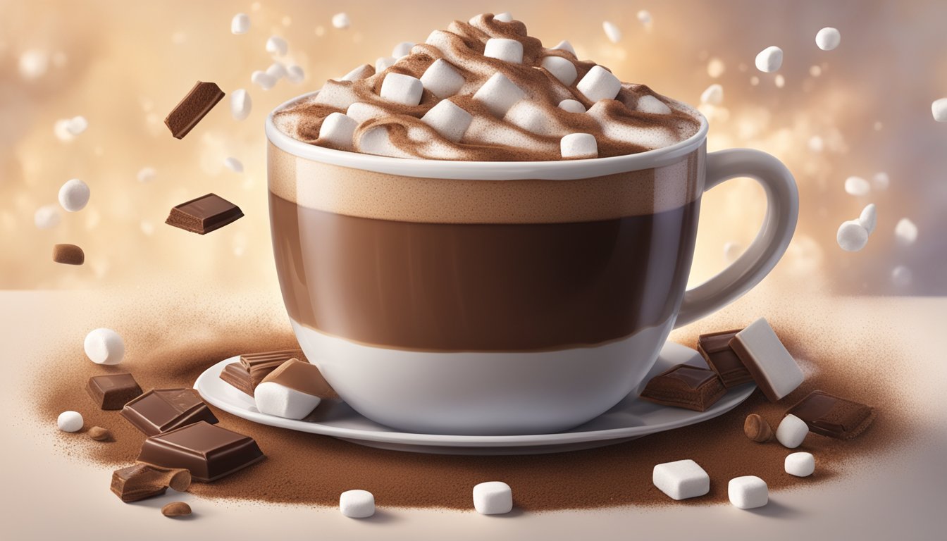 A steaming mug of Ghirardelli hot chocolate mix overflowing from a swirling, frothy surface, surrounded by scattered cocoa powder and a few spilled marshmallows