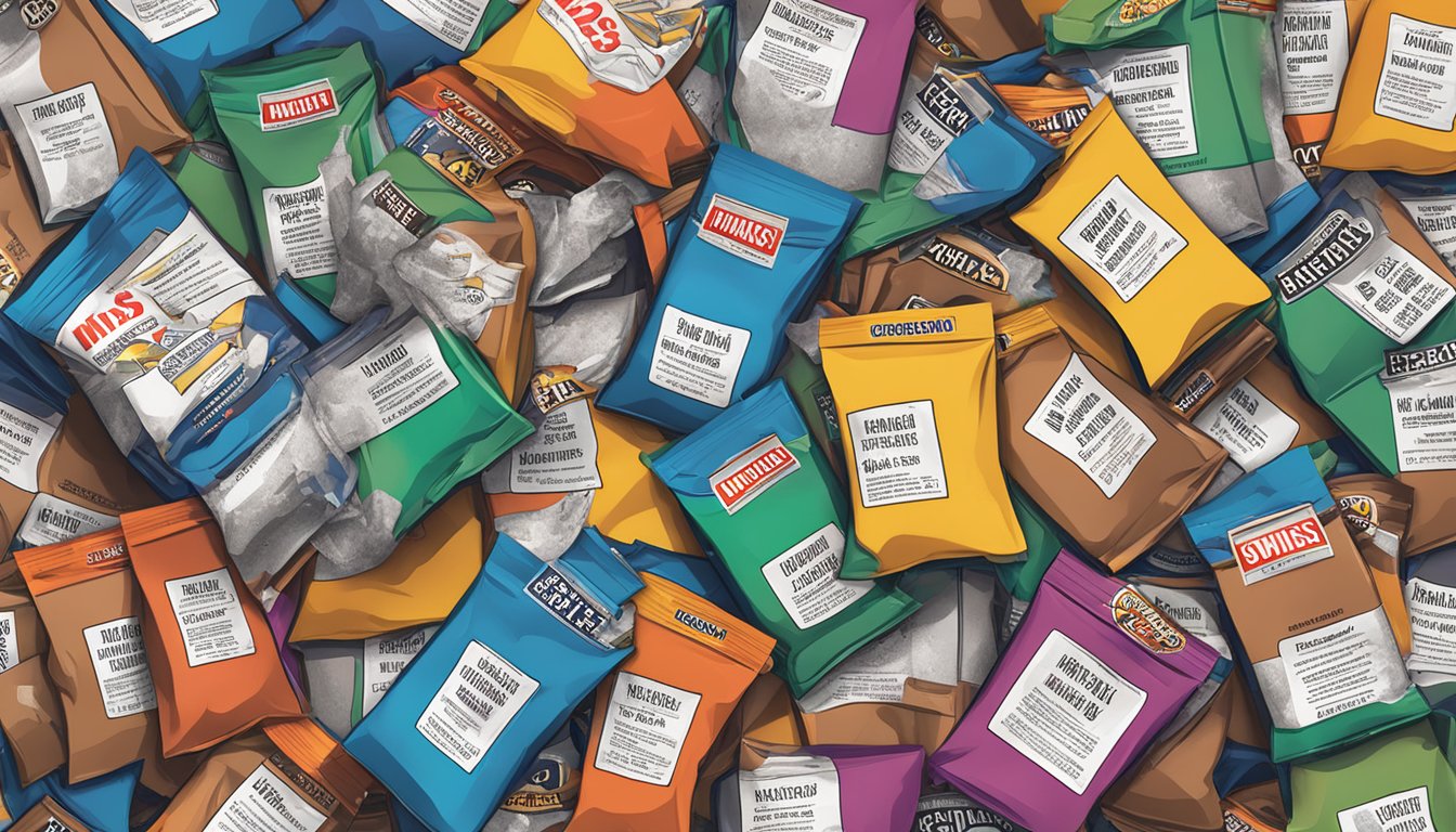 A pile of empty Swiss Miss hot cocoa mix packets surrounded by overflowing trash, with a warning label about excessive consumption