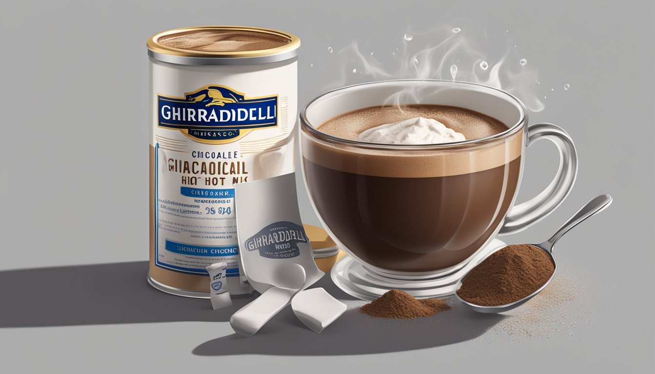 A steaming mug of Ghirardelli hot chocolate mix overflowing from a measuring spoon, surrounded by warning labels and regulatory symbols