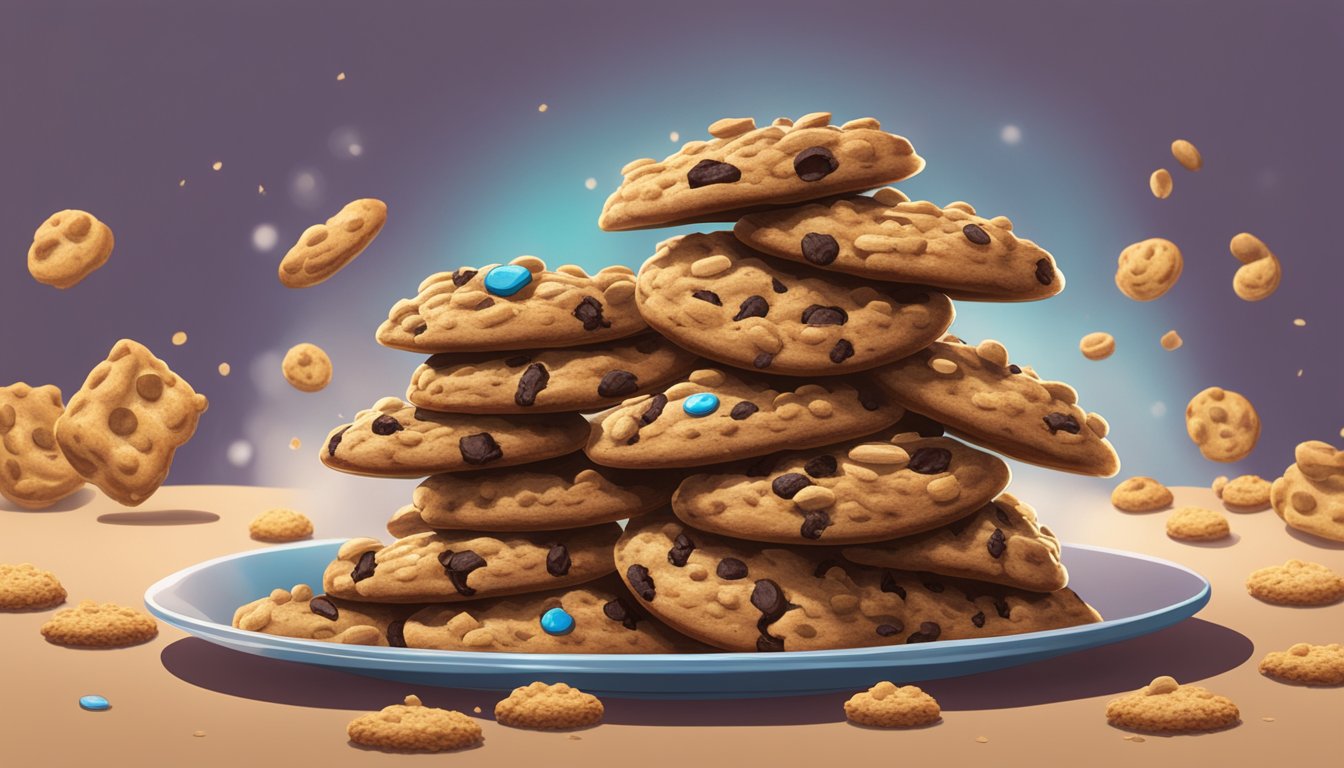 A stack of Famous Amos cookies overflowing from a small plate, with crumbs scattered around