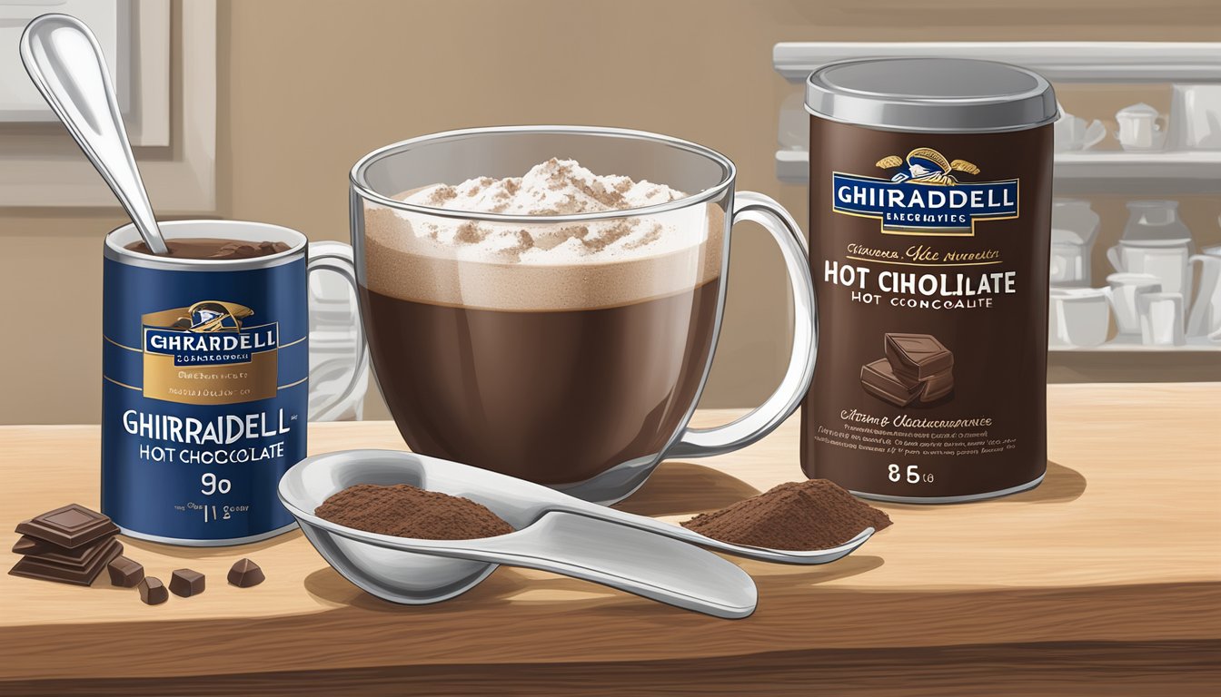 A steaming mug of Ghirardelli hot chocolate mix sits next to a measuring spoon. A chart comparing different chocolate alternatives hangs on the wall