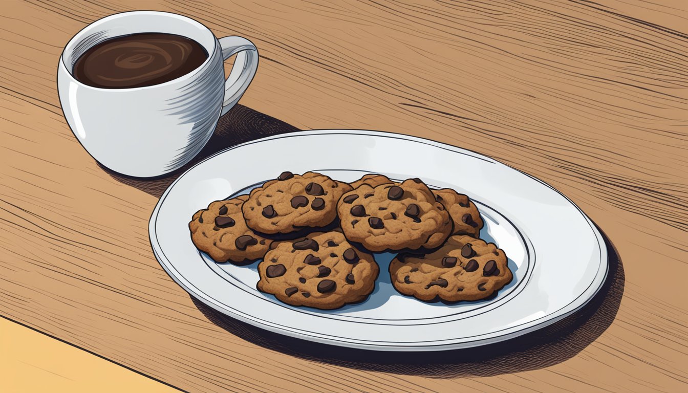 A plate of Famous Amos cookies with a serving size of 4 cookies. An empty plate next to it suggests excessive consumption