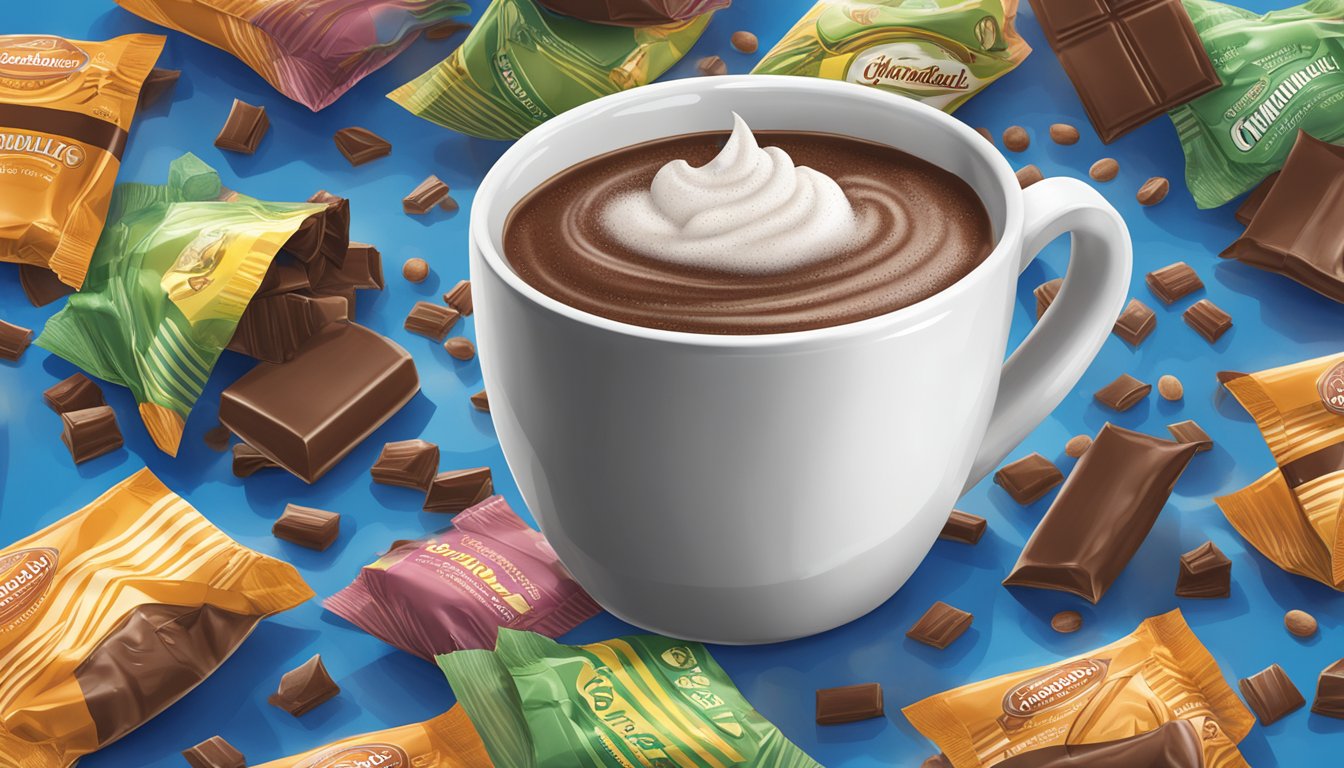 A steaming mug overflowing with Ghirardelli hot chocolate mix, surrounded by empty packets