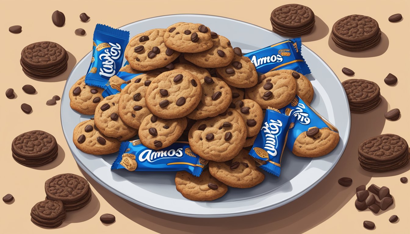 A plate overflowing with Famous Amos cookies, surrounded by empty wrappers and a nutrition label