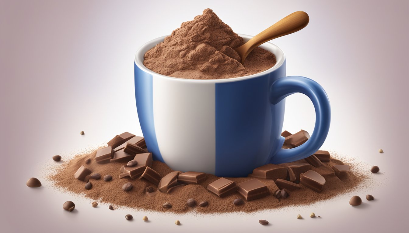 A steaming mug of Ghirardelli hot chocolate mix overflowing from a spoon onto a pile of excess powder