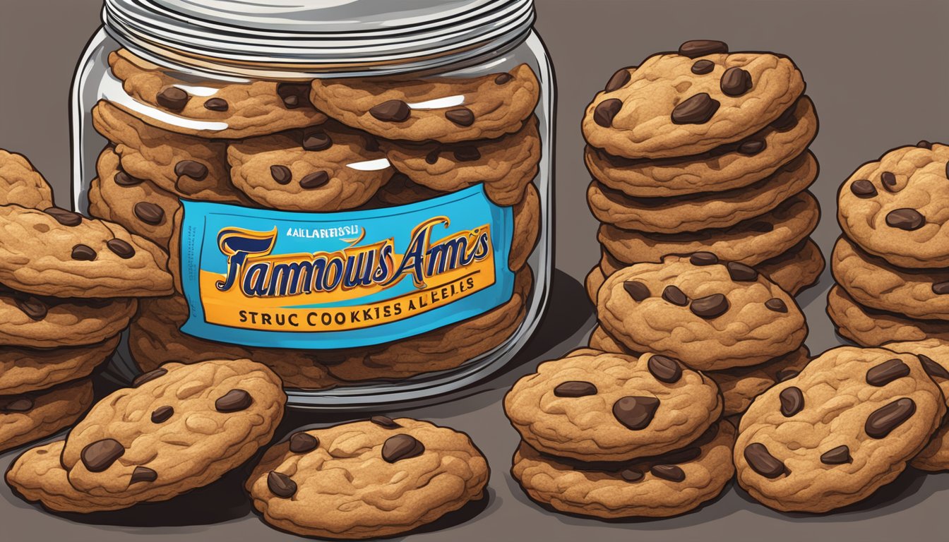 A stack of Famous Amos cookies overflowing from a jar, with a bold warning label for food allergies