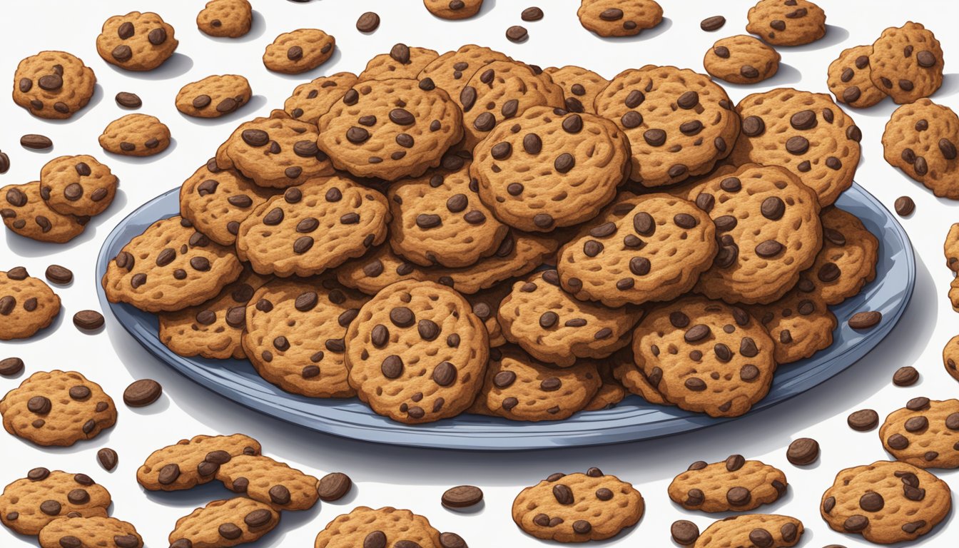 A plate overflowing with Famous Amos cookies, surrounded by empty wrappers