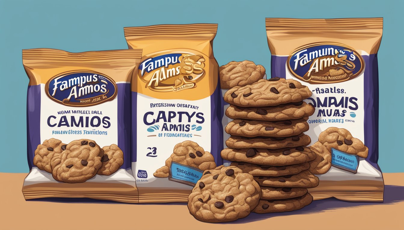 A stack of empty Famous Amos cookie packages, a crumpled nutrition label, and a concerned expression on a person's face