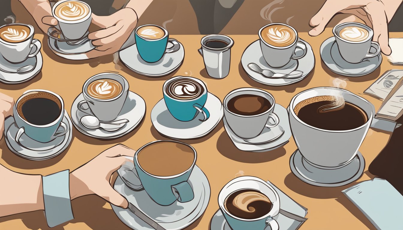 A table with various coffee types in different cups, with a person drinking multiple cups of Caribou coffee