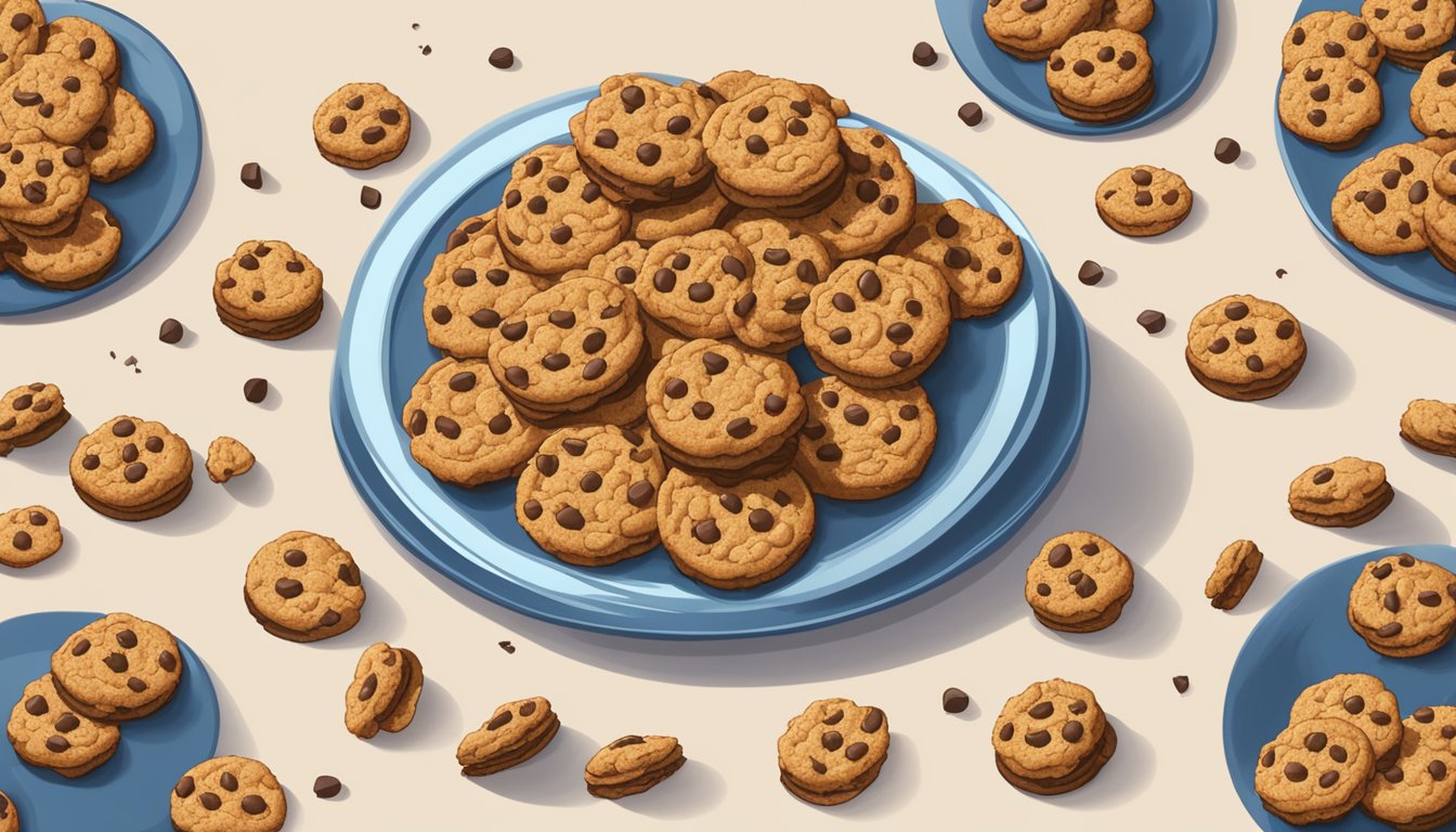 A plate overflowing with Famous Amos cookies, surrounded by scattered cookie crumbs and a graph showing a sharp increase in website analytics