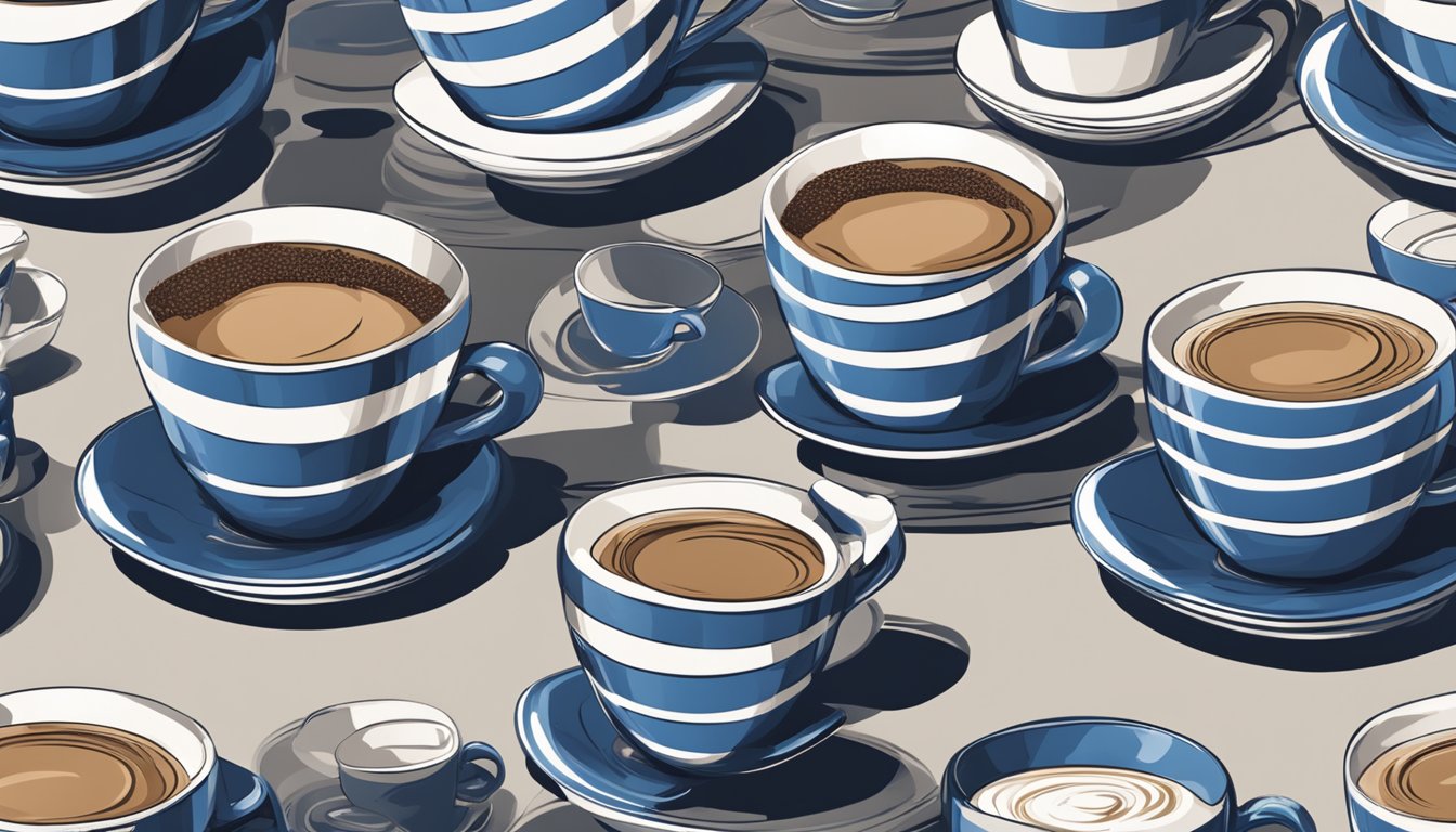 A table with multiple empty cups of Lavazza coffee stacked on top of each other, exceeding the recommended daily limit