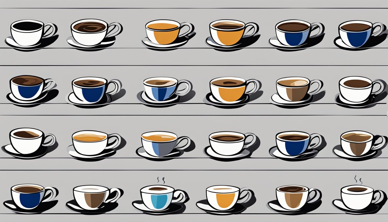 A table with multiple cups of Lavazza coffee, each labeled with a number. Some cups are crossed out to indicate exceeding the recommended limit