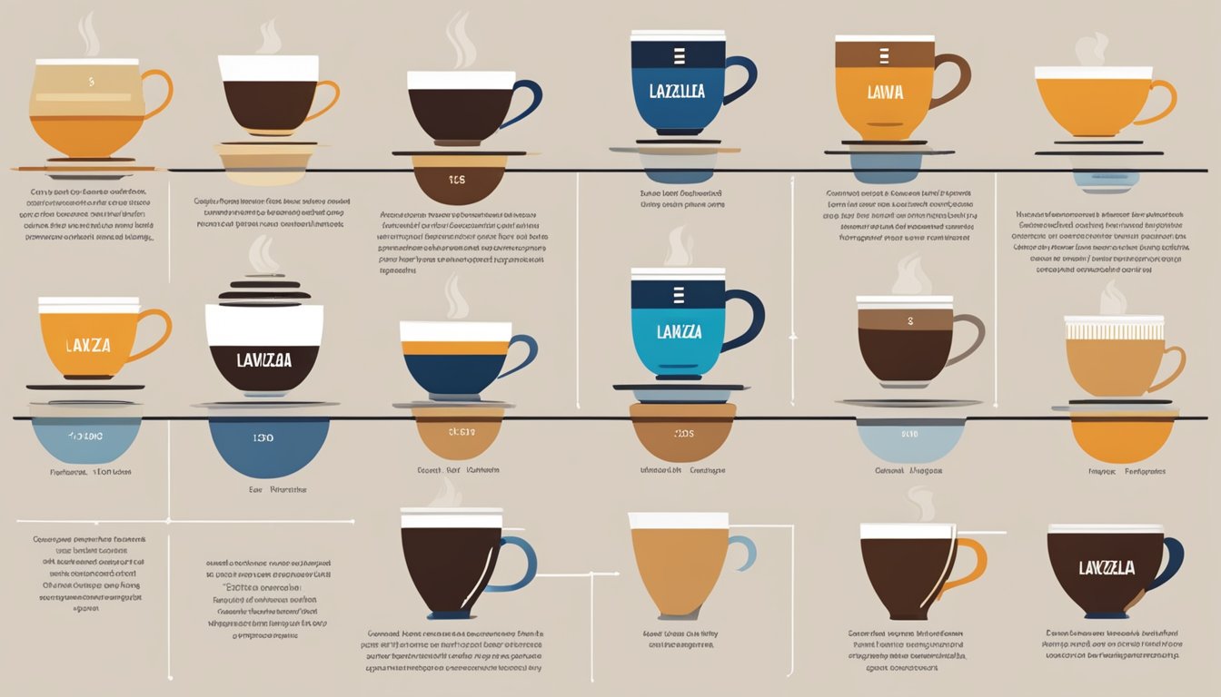 A table with multiple cups of Lavazza coffee, one overflowing. A chart showing recommended limits and potential risks and benefits of coffee intake