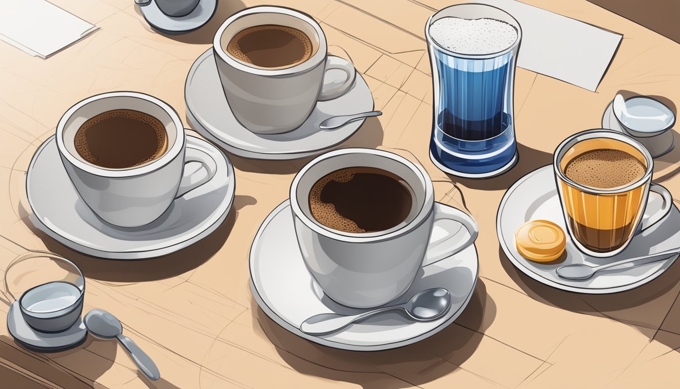 A table with multiple cups of Lavazza coffee, some empty, some full, and a caffeine level chart next to it