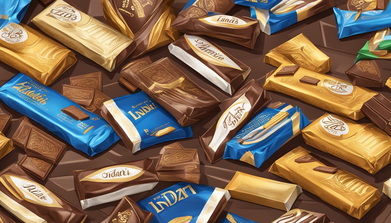 A table with an overflowing pile of Lindt chocolate bars and wrappers, a measuring tape nearby