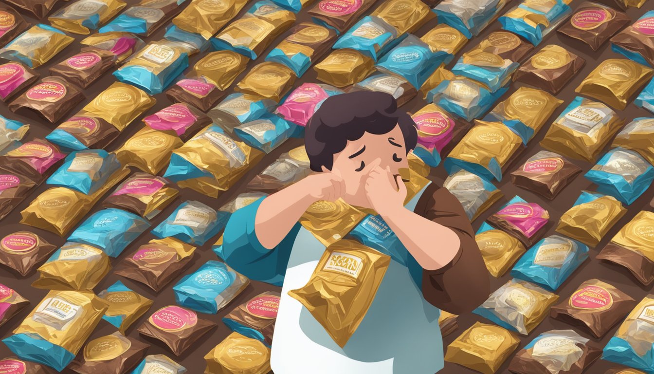 A person surrounded by empty Lindt chocolate wrappers, with a concerned expression while holding their stomach