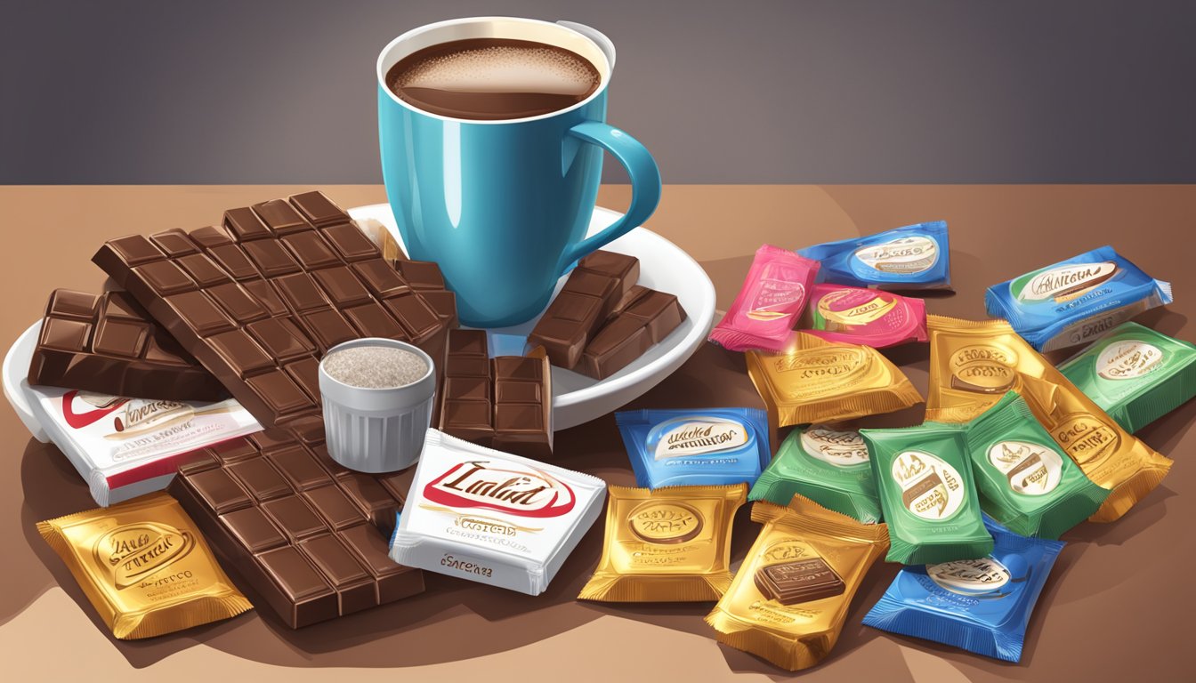 A table with a pile of Lindt chocolate bars and a measuring cup, with a warning sign indicating excessive consumption