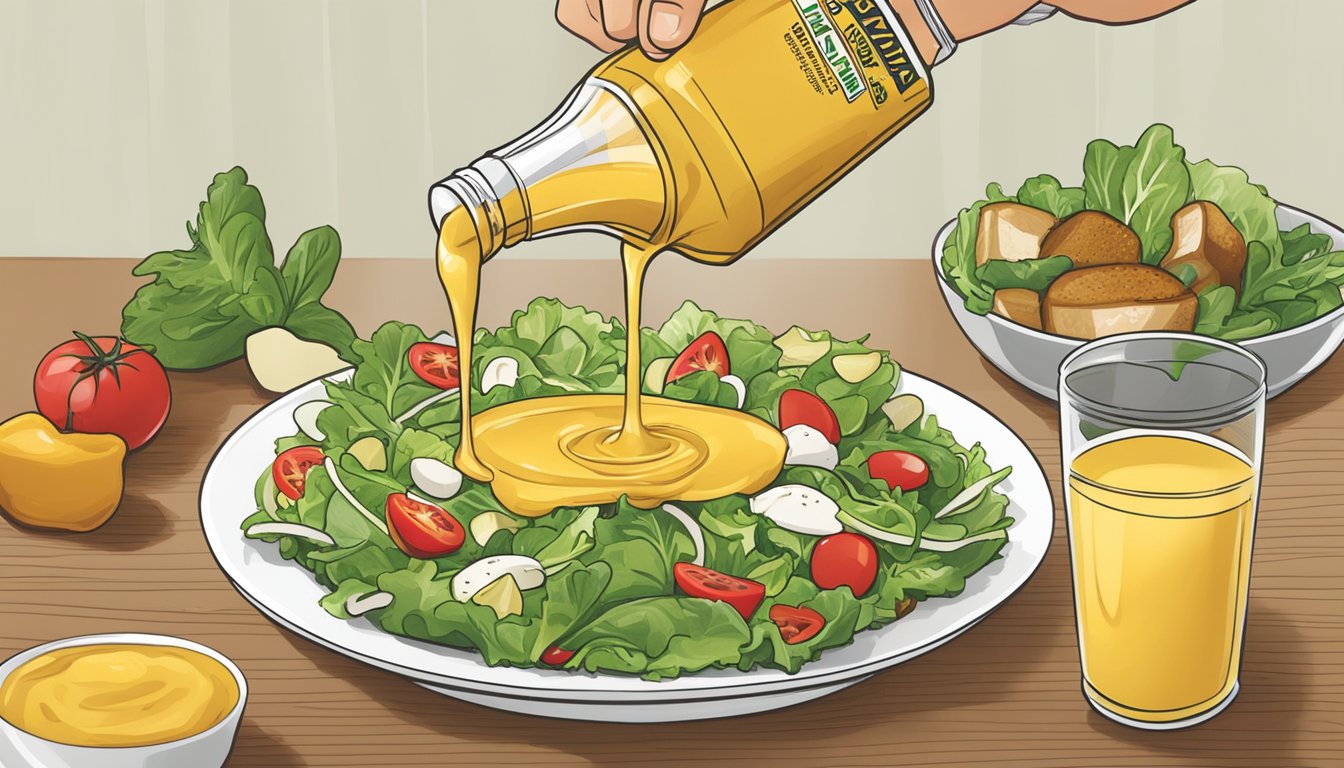 A bottle of Brianna's Honey Mustard dressing being poured onto a salad