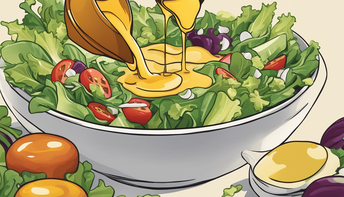 A bottle of Brianna's honey mustard dressing being poured over a salad