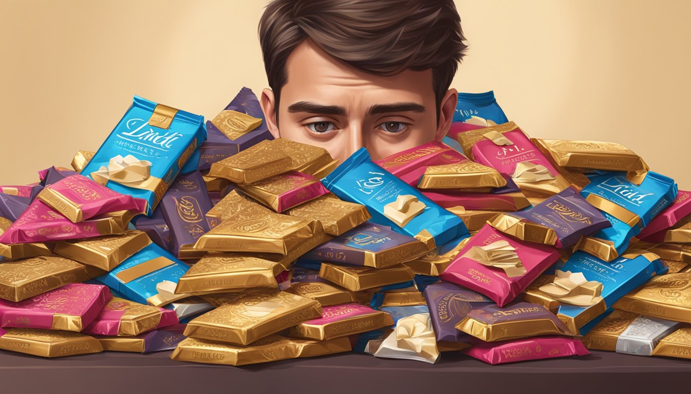 A table with an overflowing pile of Lindt chocolate bars, surrounded by empty wrappers and a concerned expression on a person's face