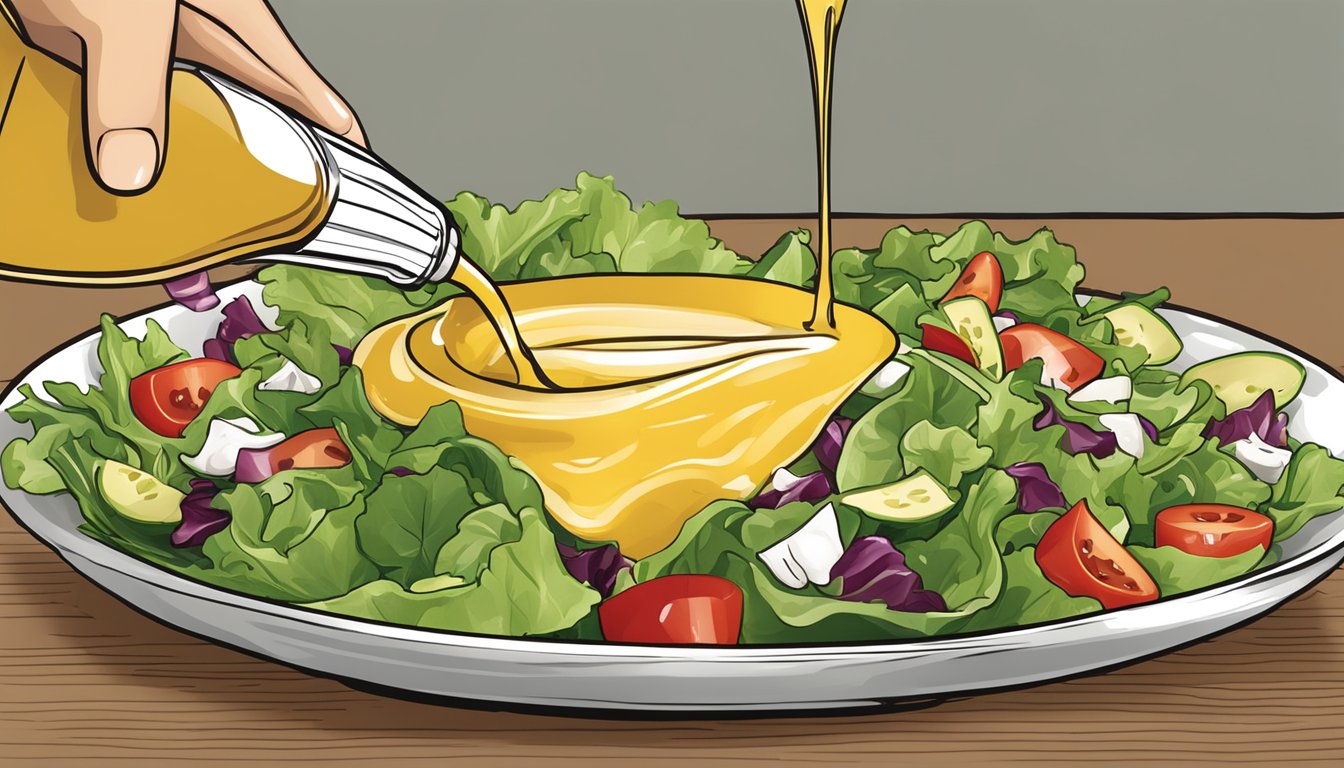 A bottle of Brianna's honey mustard dressing being poured over a salad