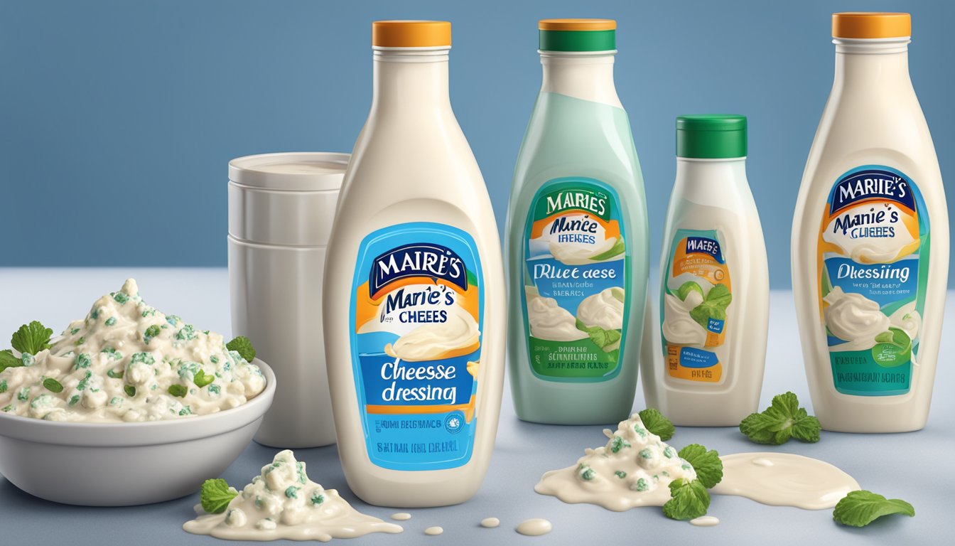 A bottle of Marie's Blue Cheese Dressing overflowing with dressing, surrounded by empty containers