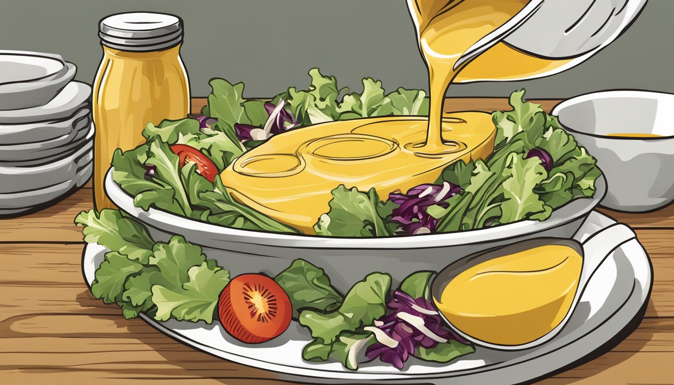 A bottle of Brianna's honey mustard dressing being poured onto a salad