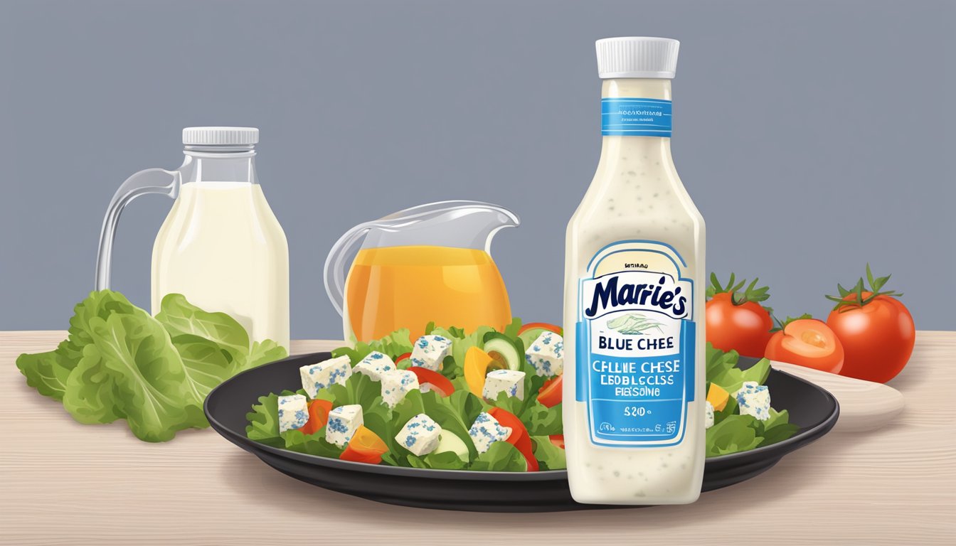 A bottle of Marie's Blue Cheese Dressing overflowing onto a plate of salad, with a measuring cup next to it