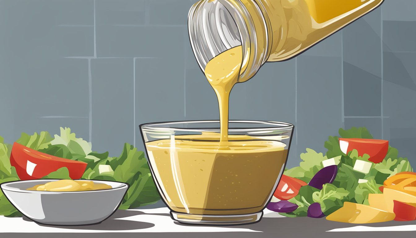 A bottle of Brianna's honey mustard dressing being drizzled over a fresh salad