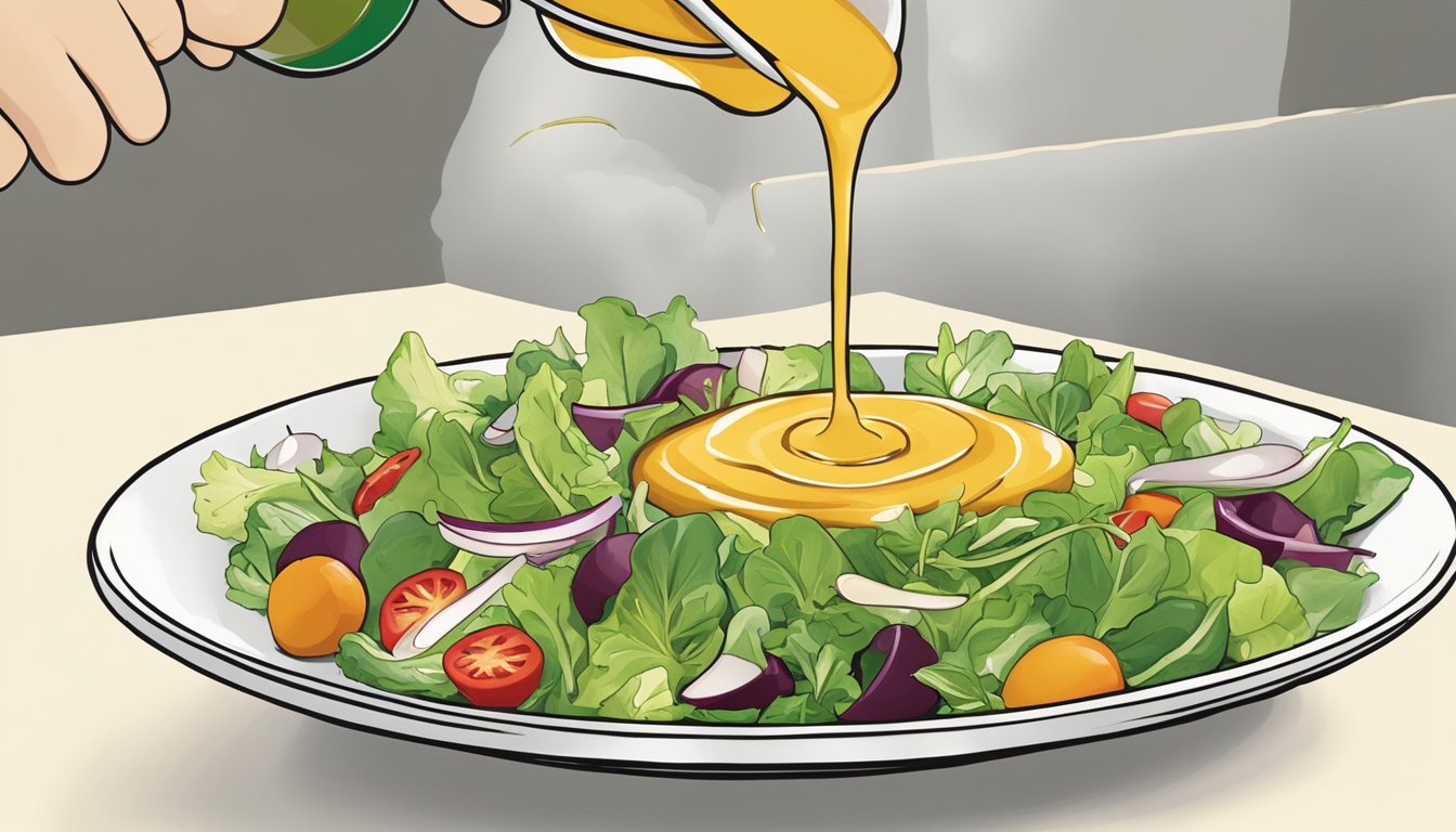 A bottle of Brianna's honey mustard dressing being poured onto a salad