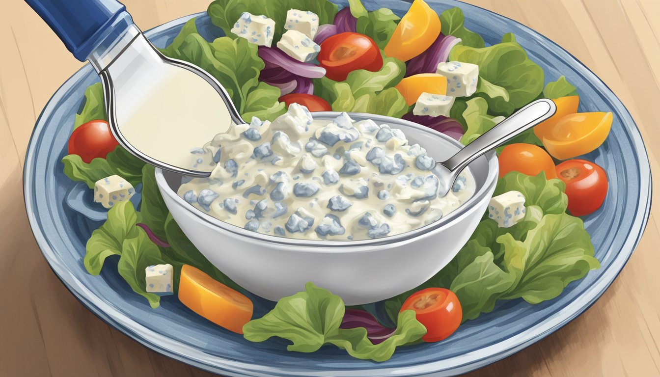 A bottle of Marie's blue cheese dressing overflowing onto a salad, surrounded by measuring spoons and a nutrition label