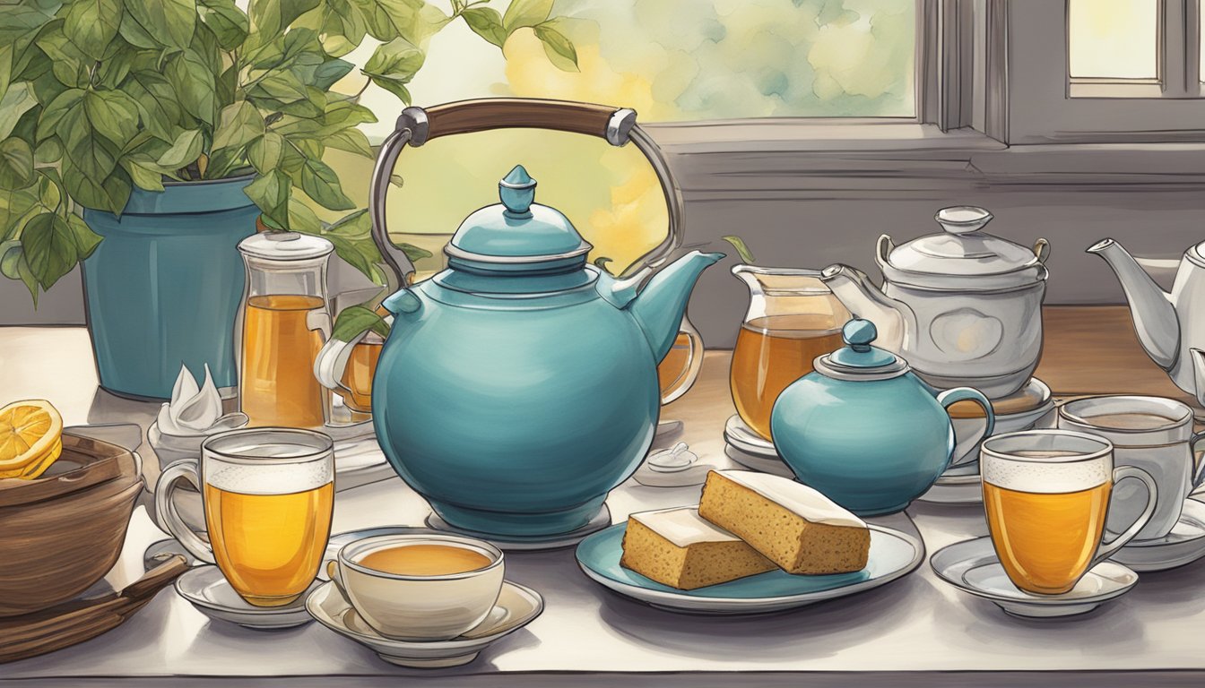 A cozy kitchen table with a steaming cup of Bigelow tea, surrounded by various tea varieties and a teapot