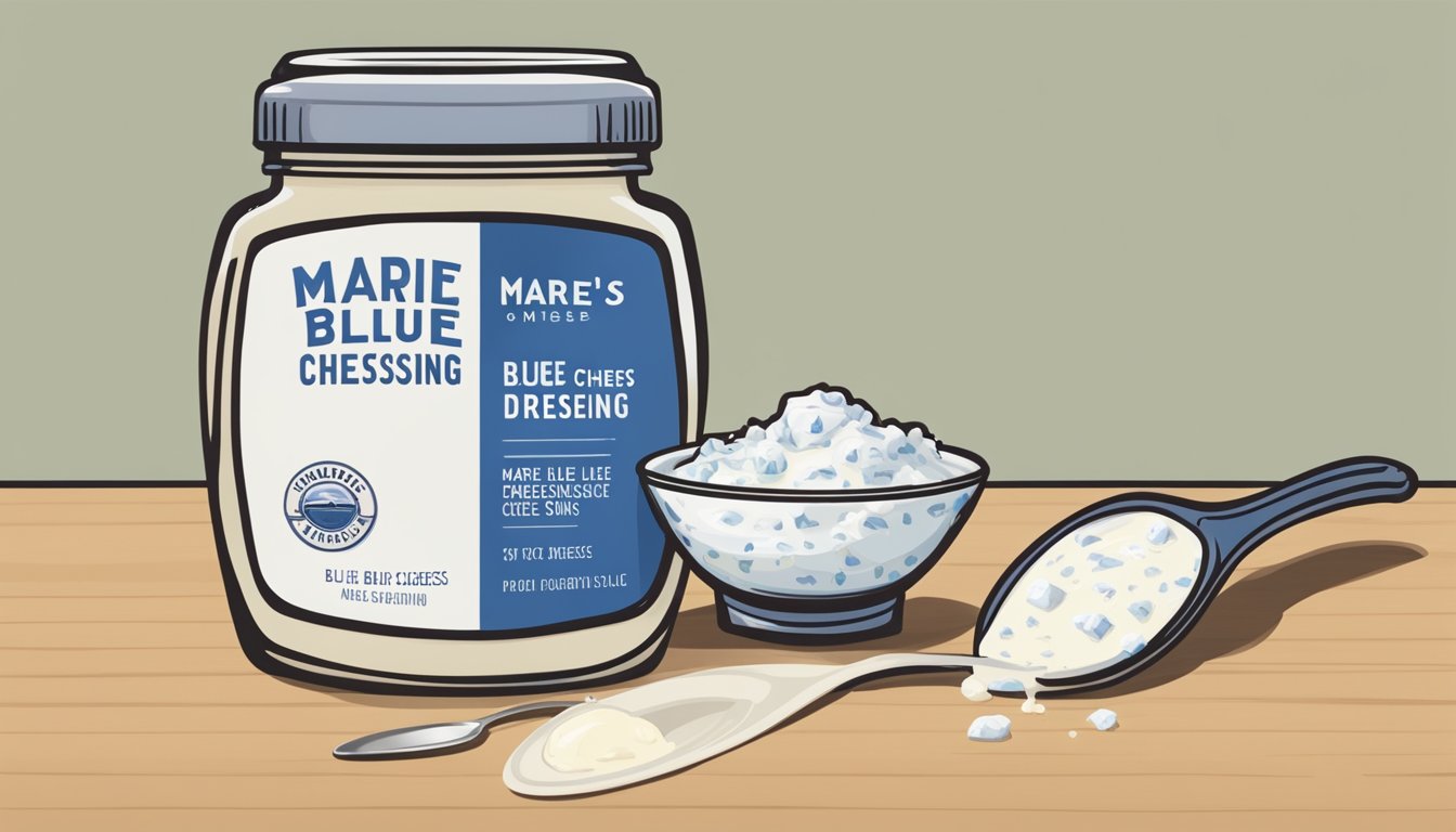 A bottle of Marie's blue cheese dressing with a measuring spoon next to it, indicating portion size