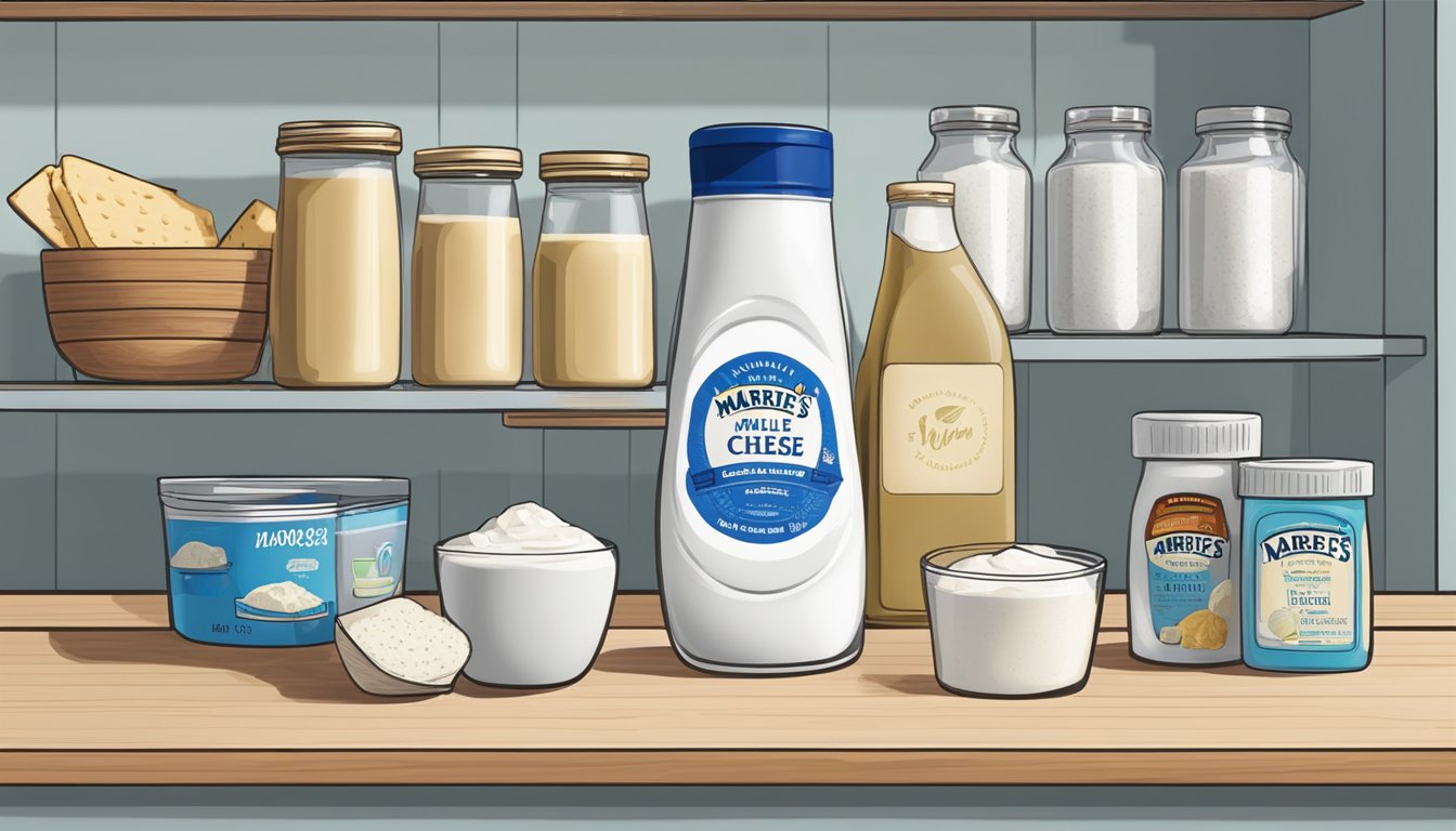 A bottle of Marie's Blue Cheese dressing with a measuring cup next to it, indicating portion control. A pantry shelf with other condiments and a refrigerator with various food items