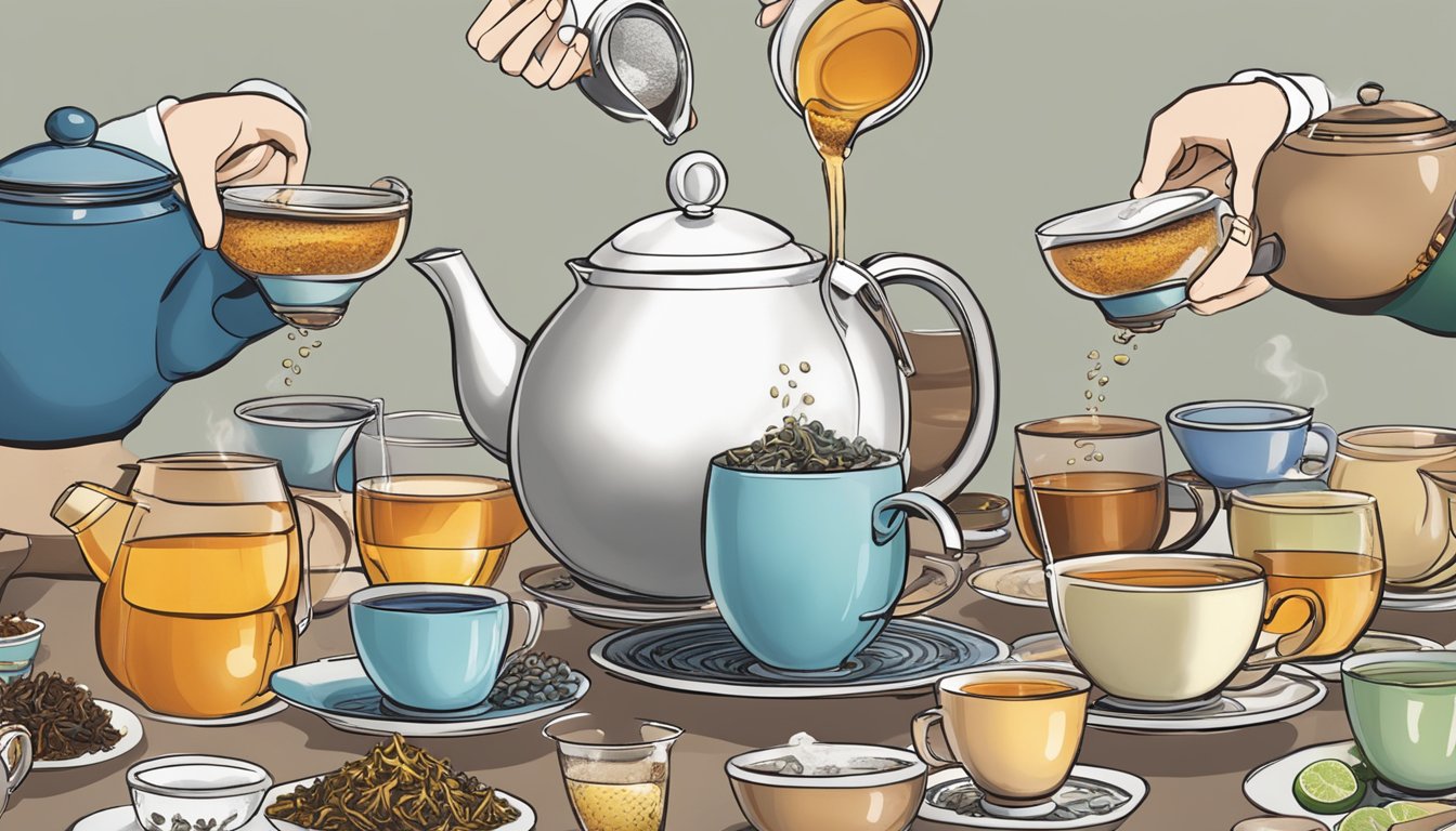 A person pouring multiple cups of Bigelow tea into a large pot, surrounded by a variety of tea flavors and a steaming teapot