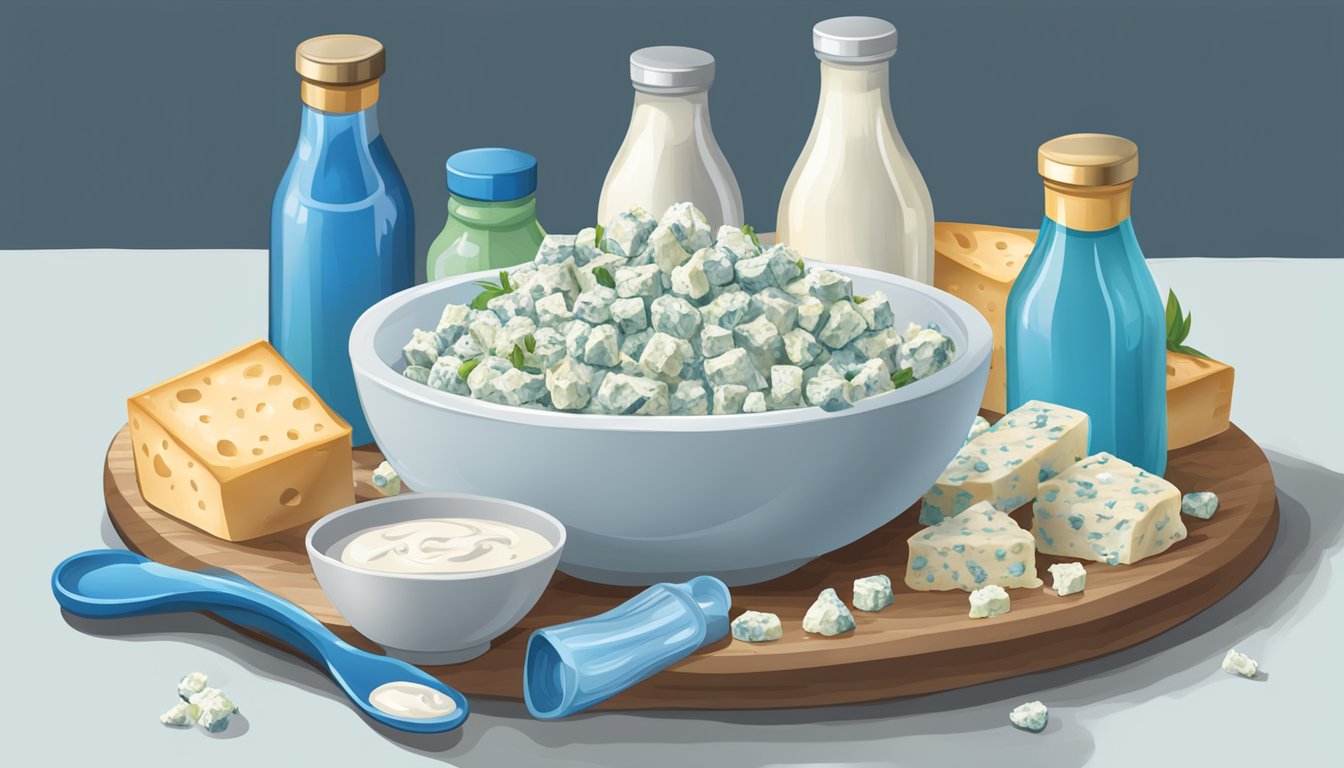 A bowl overflowing with blue cheese dressing, surrounded by empty bottles