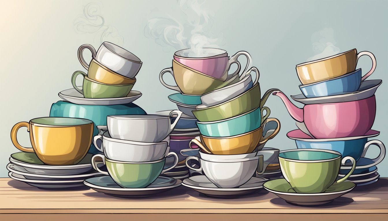 A pile of empty tea cups stacking up on a table, with a steaming kettle in the background