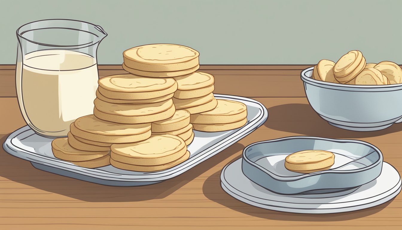 A plate with a stack of Lorna Doone shortbread cookies next to a measuring cup showing the recommended serving size