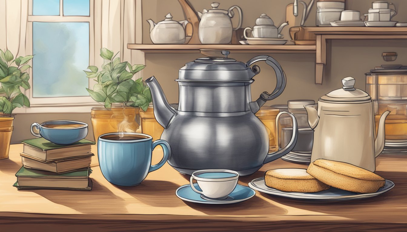 A cozy kitchen with a steaming cup of Bigelow tea on a table, surrounded by a stack of tea boxes and a teapot