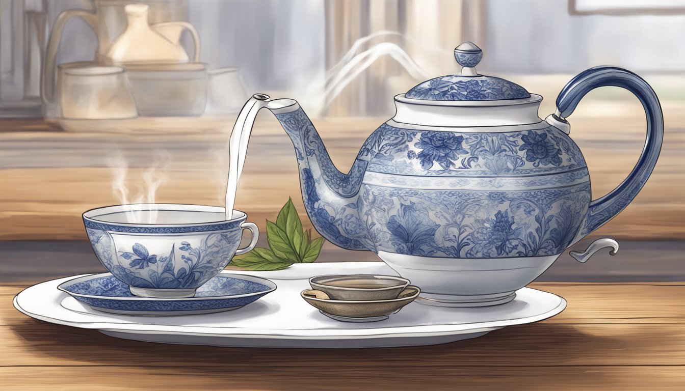 A serene tea set on a wooden table, with a steaming cup of Bigelow tea being poured from a teapot into a delicate porcelain cup