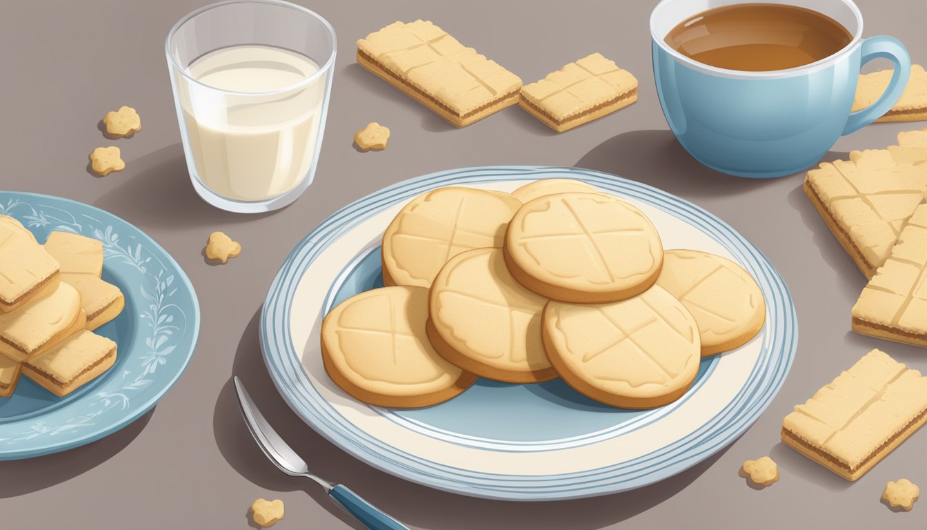 A table with a plate of Lorna Doone shortbread cookies, a serving size guide, and a measuring cup