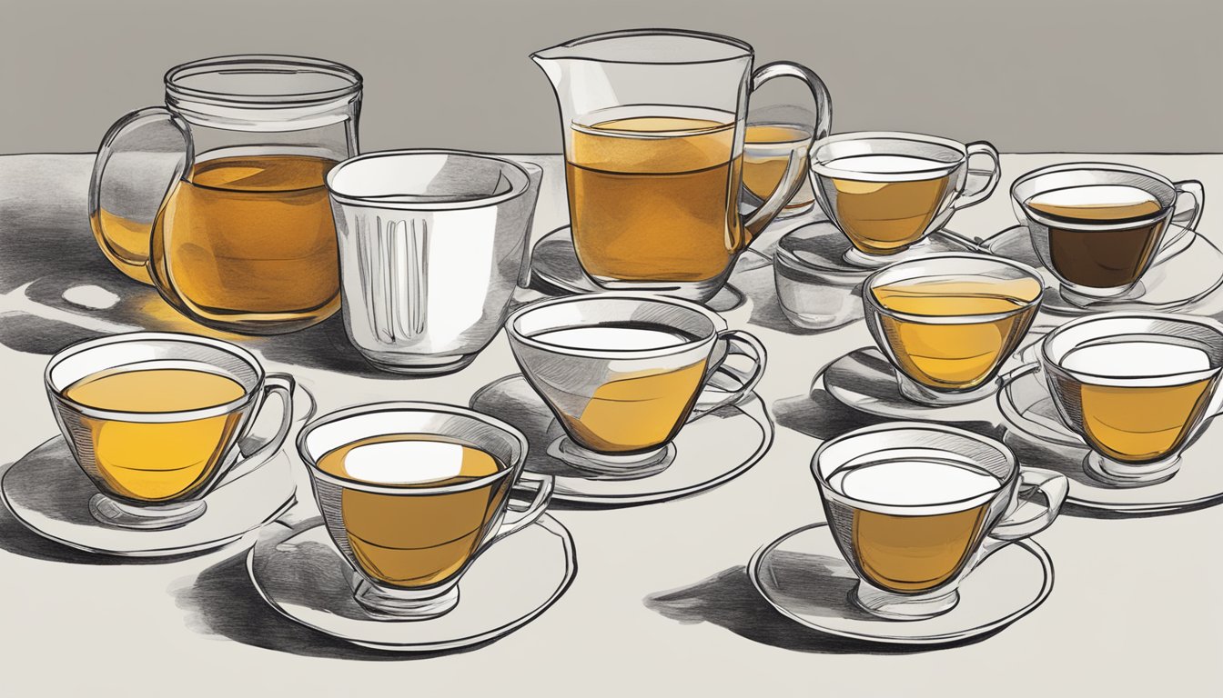 A table with multiple empty and half-filled cups of Bigelow tea scattered around, suggesting excessive consumption