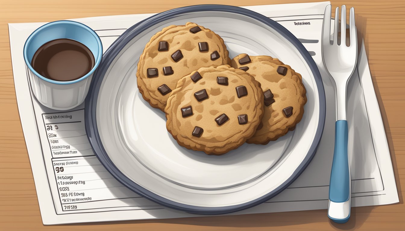 A plate with multiple Pepperidge Farm cookies, a measuring cup, and a nutrition label with serving size information